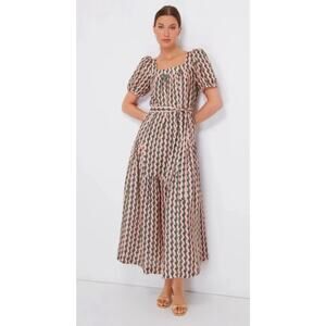 Saloni Yashi Pleated Linen Midi Maxi Dress Ocean Stripe Tiered Puff sleeve Sz 12